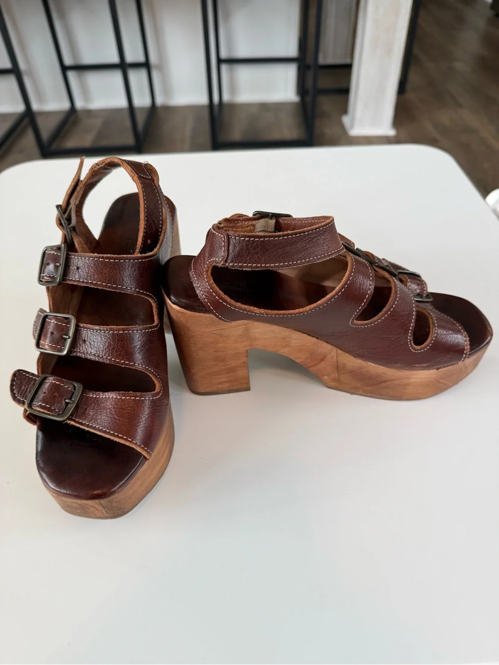 Bed Stu Brown Leather Platform Buckle Sandals